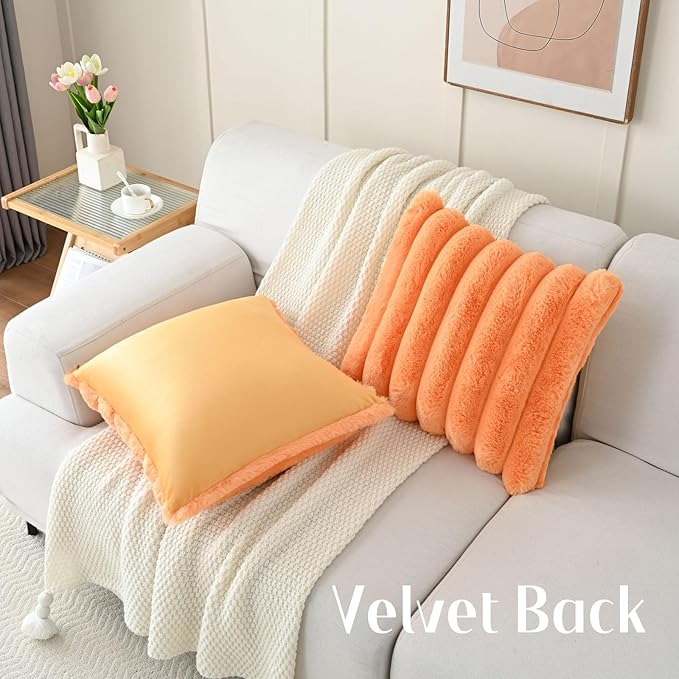 FUTEI Orange Decorative Throw Pillow Covers 20x20 Inch Set of 2, Square Soft Faux Rabbit Fur Thick Striped Cushion Cover,Spring Home Decor for Couch Bed Living Room