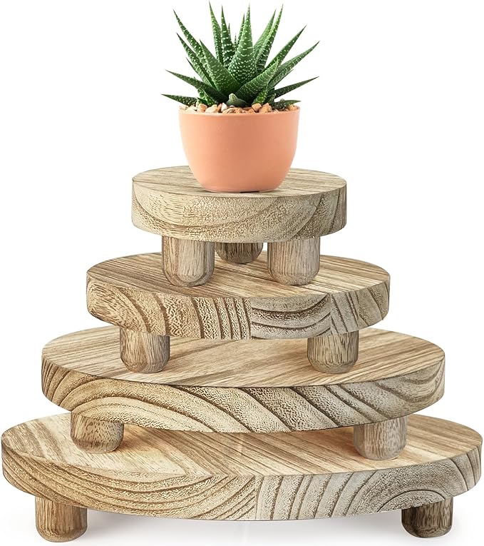 Wood Plant Stand Set of 4,mini Plant Stool 10 8 6 4 Inch, Wooden Display Risers Round Pedestal Counter Decor Holder Tiered Tray for Indoor Home Kitchen Patio Decoration (Light Brown-4pack)