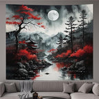 Atrippy Anime Japanese Wall Tapestry for Bedroom Aesthetic, Large Black Forest Moon Tapestry Wall Hanging, Vintage Nature Mountain Art Decor Tapestries Dark Landscape Backdrop for Living Room 60"X79"