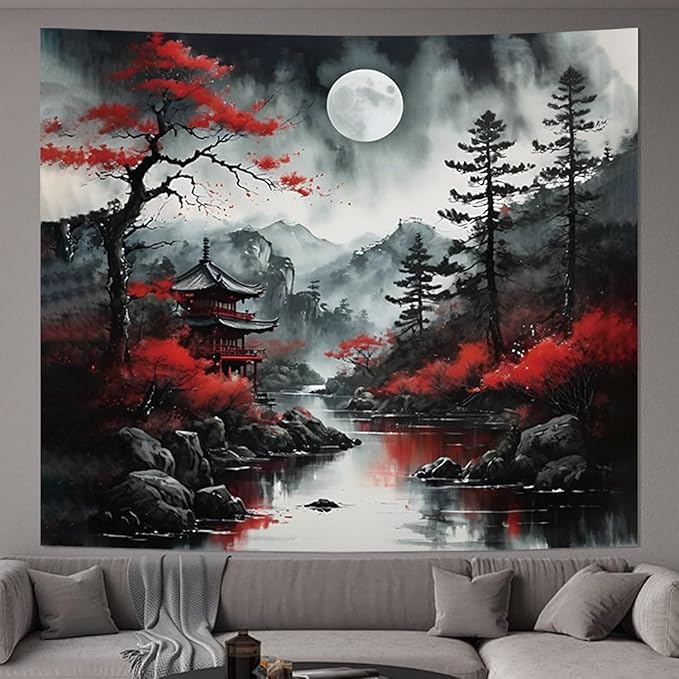Atrippy Anime Japanese Wall Tapestry for Bedroom Aesthetic, Large Black Forest Moon Tapestry Wall Hanging, Vintage Nature Mountain Art Decor Tapestries Dark Landscape Backdrop for Living Room 60"X79"
