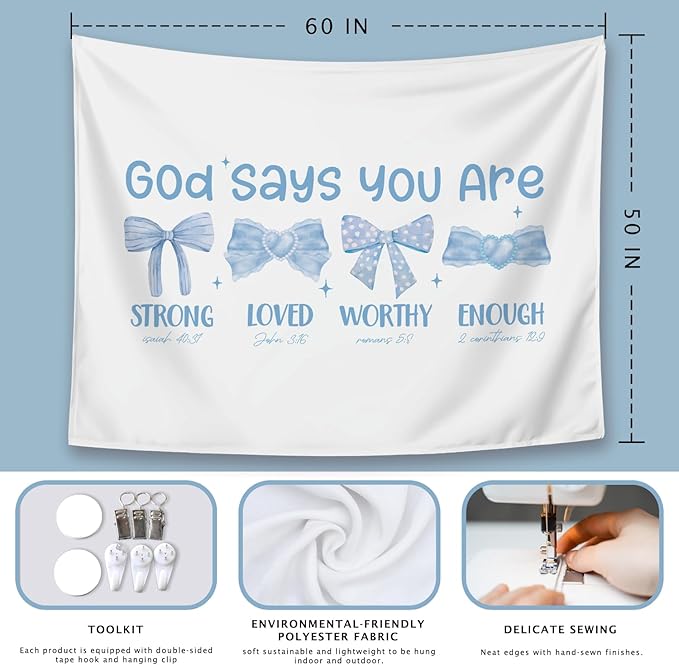 LIANGW Preppy Blue Bow Christian Tapestry, God Says You Are Inspirational Scripture Wall Art, Bible Bow Aesthetic for Girls Bedroom for Dorm Room, Based Blue Room Decor Aesthetic 50x60 inch
