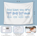 LIANGW Preppy Blue Bow Christian Tapestry, God Says You Are Inspirational Scripture Wall Art, Bible Bow Aesthetic for Girls Bedroom for Dorm Room, Based Blue Room Decor Aesthetic 50x60 inch