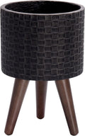 D'vine Dev 8 Inch Modern Geometric Tile Patterned Sleek Planter Pot with Stand, Indoor Outdoor Decorative Plant Holder, Distressed Black, 88-Z-A-5