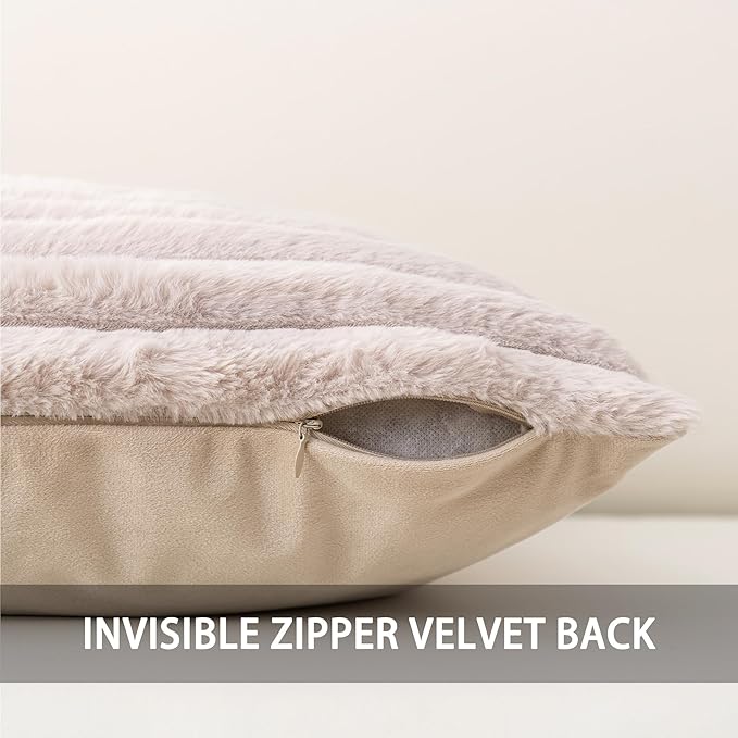 Pack of 2 Faux Fur Fall Throw Pillow Covers 16x16 Inch, Soft Plush Striped Neutral Couch Pillow Cover, with Velvet Back Modern Home Decor for Sofa Living Room Couch Bed Light Grey