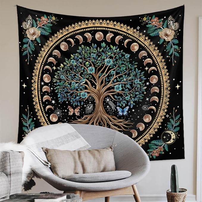 Jhdstore Moon Phase Tree of Life Tapestry Mandala Tapestry for Bedroom Aesthetic Celestial Decor Boho Spiritual Tapestries Wall Hanging Living Room Decor 36"x48"
