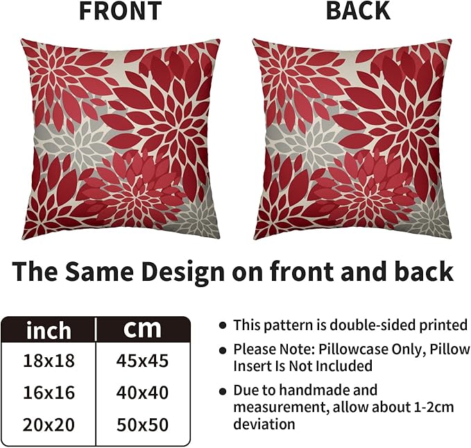 Red Christmas Pillow Covers 22X22 Inch Set of 2, Dahlia Flower Spring Summer Floral Cream Decorative Throw Pillow Covers Outdoor Modern Farmhouse Cushion Case for Home Couch Sofa Bed Decor