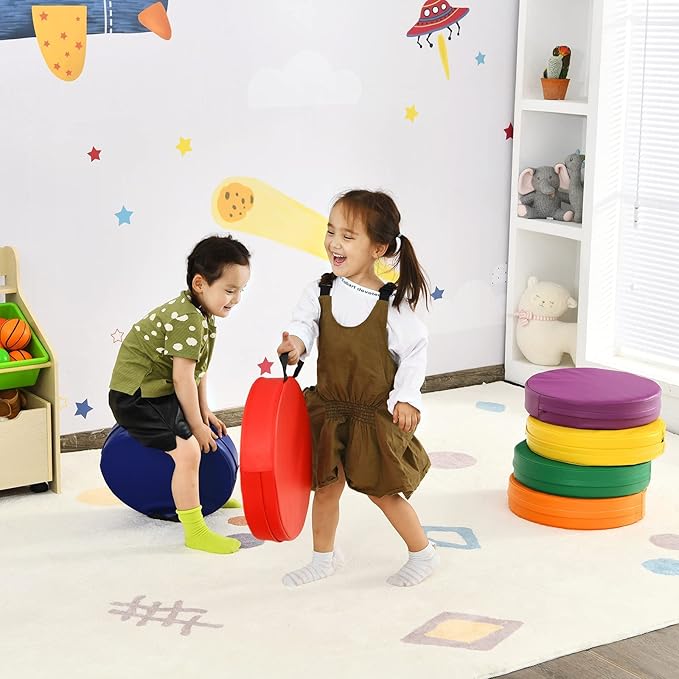 Costzon 6-Piece 15 inch Kids Floor Cushion, 3" Thick Waterproof Daycare Preschool Round Foam Cushion with Handle for Toddlers, Soft Flexible Seating for Classroom, Home, Kindergarten or Nursery