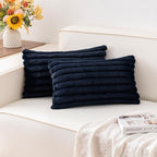 Pack of 2 Faux Fur Fall Throw Pillow Covers 12x20 Inch, Soft Plush Striped Neutral Couch Pillow Cover, with Velvet Back Modern Home Decor for Sofa Living Room Couch Bed Dark Blue