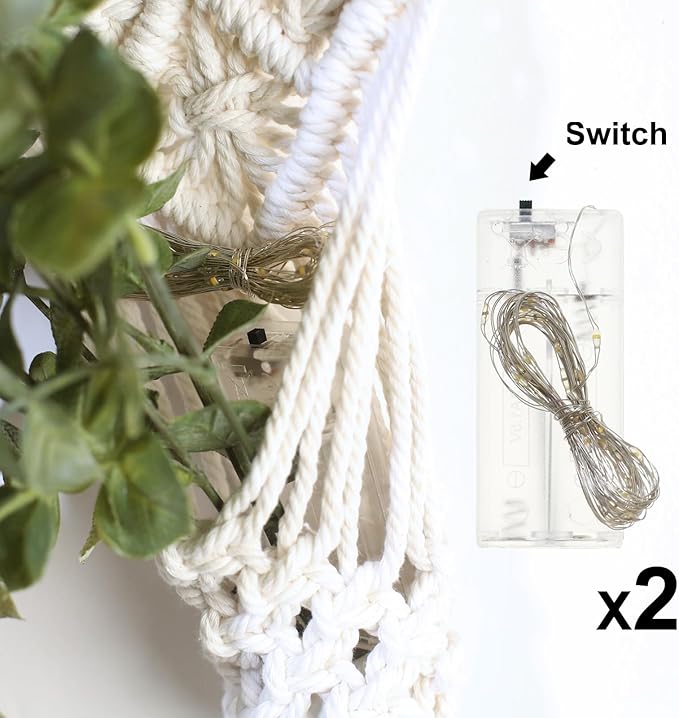 Macrame Bohemian Wall Hanging, White Cotton Rope with Artificial Plant, Handcrafted Boho Tapestry with LED Lights, Decorative Wall Art,Earthy Wall Decor(Eucalyptus-Green)