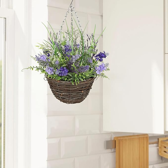 Briful Artificial Hanging Basket for Outdoor, Realistic Hanging Lavender Plant, Rustic Woven Basket, 19.6'' Artificial Hanging Flowers for Porch, Patio, Farmhouse & Indoor Decor
