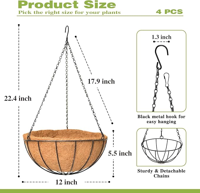 4 Pack 12 Inch Hanging Baskets for Plants Outdoor Metal Hanging Planter Hanging Flower Baskets with Coco Fiber Liners Chain Round Wire Plant Holder Hangings Flower Pots(Watermelon)