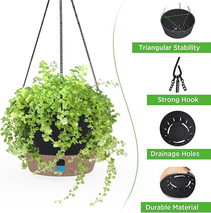SOSMAR 2 Pack Hanging Planters, 10 Inch Hanging Pots with Visible Water Level, 6 Pcs Hooks, Decorative Flower Pot Holder with Drainage for Indoor Outdoor Use