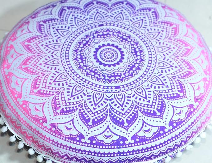 CRAFT KALA Round Mandala Boho Pillow Cover Meditation India Room Seating Poufs Cover for Living Room Yoga Room Home Décor Bedroom Balcony Garden Decoration Cotton Floor Cushion Cover (22", Pink Ombre)