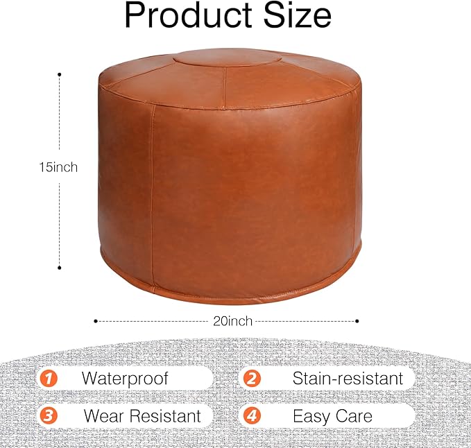 Unstuffed Ottoman Pouf Cover 20 X 15 Inch, Round Pu Leather Foot Stool, Floor Bean Bag(No Filler), Foot Rest with Storage for Living Room/Bedroom/Office, Orange