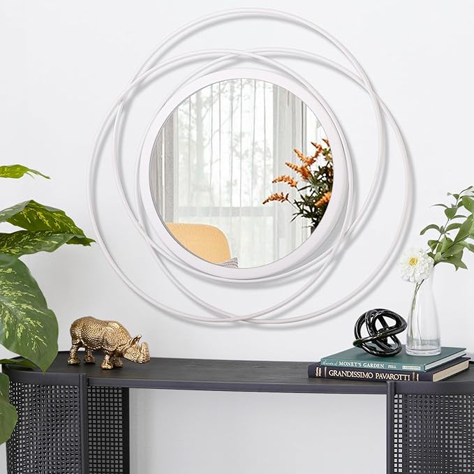 White Round Wall-Mounted Mirrors Wire Modern Metal Frame Arts Mirrors Home Decoration Hallway Bathroom Bedroom Living Room Farmhouse Entryway Large 20"