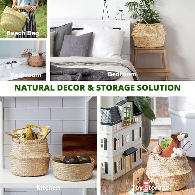 LiloCraft 2 Pack Seagrass Plant Basket XXLarge (12x11inches) - TheMulti-Functional Home Decor Storage Solution with Eco-Friendly, Woven Basket Planter Indoor with Handles, Round Boho Plant Pot