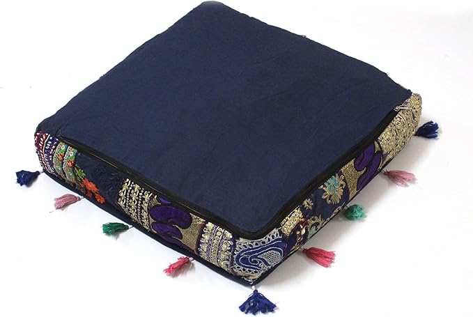 Mam Treasures Indian Bohemian Decorative Pillow Vintage Cushion Cover Patchwork Square Floor Pillow Cover Meditation Cushion Large Floor Pillow Indian Cushion (Dark Blue, 22 X 22 X 5 Inch)