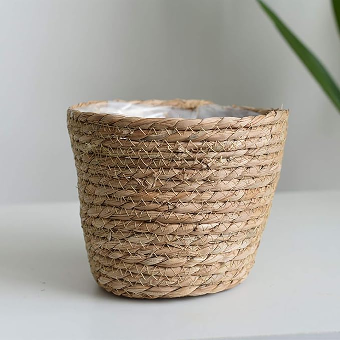 Seagrass Basket Planter, Flower Pot Cover, Storage Basket, Plant Container, Hand Woven, Plastic Liner, Beige, 7 Inch, Indoor/Outdoor