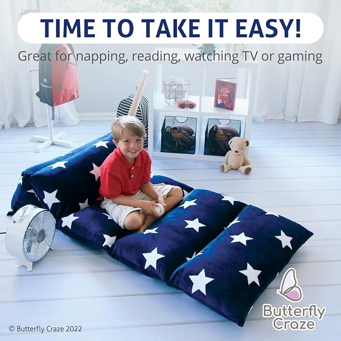 Butterfly Craze Floor Pillow Case, Mattress Bed Lounger Cover, Star Navy, Queen Size - Cozy Seating Solution for Kids & Adults, Recliner Cushion, Perfect for Reading, TV Time (Pillow Not Included)