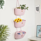 DULLEMELO Hanging Wall Basket for Wall Decor | Pink Woven Storage Basket with Button Strap | 3-Tier Hanging Baskets for Organizing | Hanging Kitchen Baskets