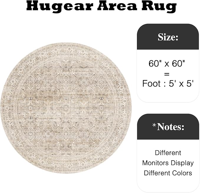 HUGEAR 5ft Round Rug Entryway Rugs Machine Washable Beige Hallway Area Rug 5x5 Small Circle Floral Low Pile Carpet Vacuumable Throw Rug Living Room Laundry Entrance Non Slip Soft Lightweight