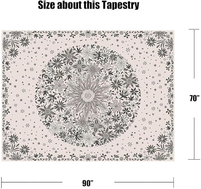 Neasow Bohemian Tapestry Wall Hanging, Beige White Floral Tapestry with Dotted Daisy Medallion Print Bedroom Boho Hippie Home Decor, 70×90 inches