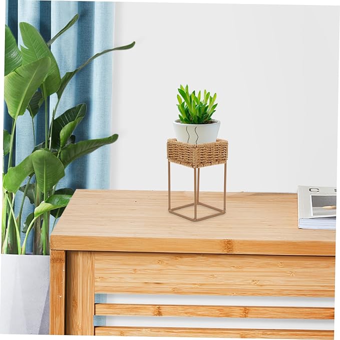 Unomor Boho Wicker Plant Stands Indoor Plant Shelf Small Decorative Tiered Tray for Bonsai Pots Cactus Decorative Pot