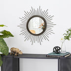 Large Spoked Sunburst Wall Mirror Boho Home Decor Round Wall Art Mirror Modern Metal Mirrors for Wall Living Room Vanity Bathroom Bedroom Hallway Balcony Entryway 16"