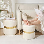 Round Ottoman with Storage Set of 2 Upholstered Velvet Vanity Stool for Living Room Storage Ottomans Multifunctional Foot Rest (White with Middle Gold)