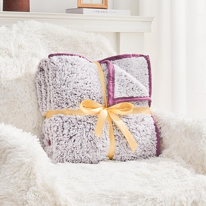 EMME Soft Sherpa Fleece Blanket Reversible Plush Fluffy Large Blanket, Light Weight Warm Decorative Boho Blanket Cover for Sofa, Couch, Bedroom,Travel(Plush Purple,50"x60")