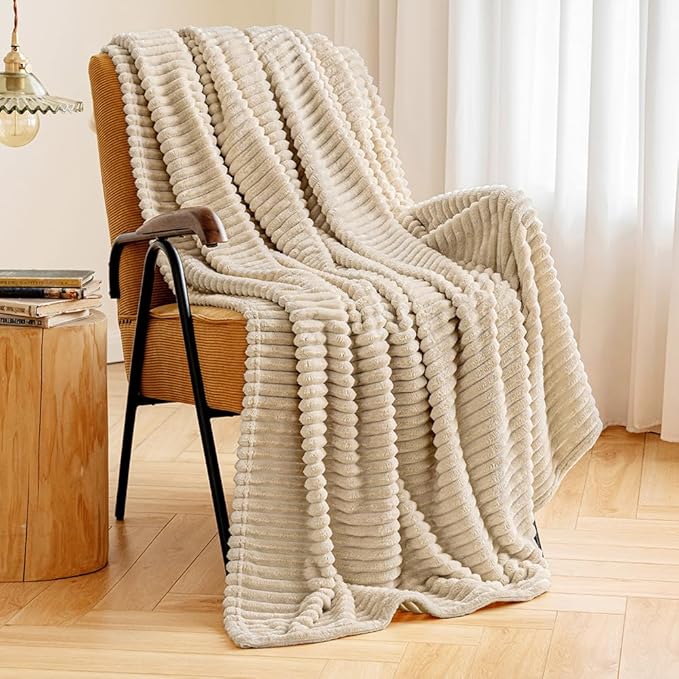 MIULEE Beige Throw Blanket 3D Ribbed Jacquard Fleece Flannel Velvet Plush Decorative Bed Blanket (Throw, 50" x 70") - Super Soft, Lightweight, Warm and Cozy for Couch Sofa