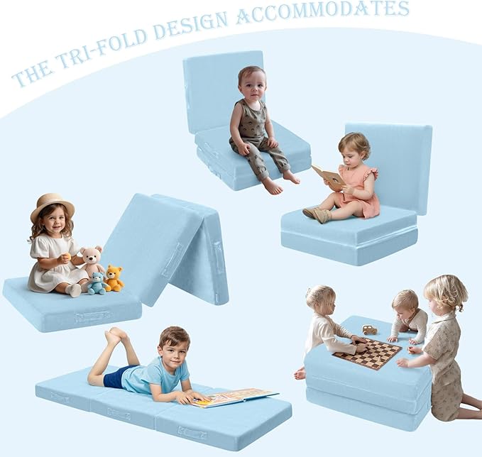 MeMoreCool Foldable Floor Mattress Kids Trifold Mat, Kids Folding Mattress Portable Futon, 57x22 Inch Blue