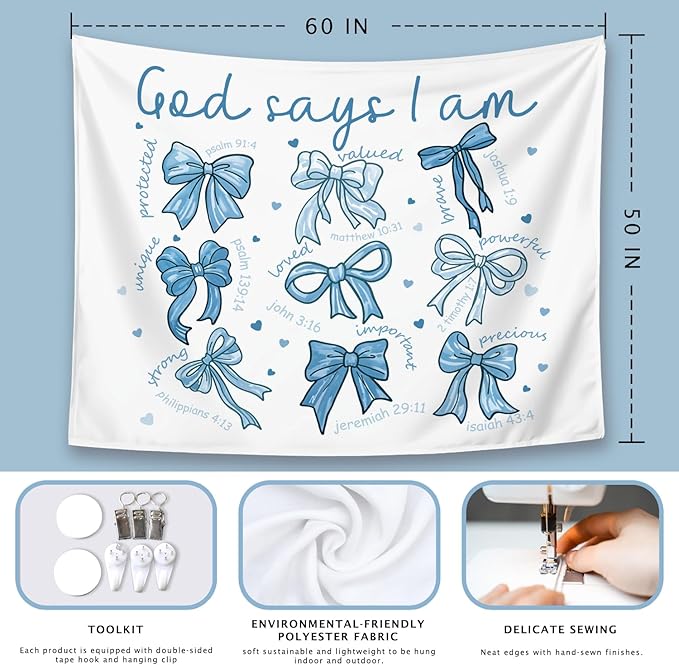 LIANGW Blue Bow Christian Tapestry, Bible Bow Aesthetic for Girls Bedroom for Dorm Room, Inspirational Christian Tapestries for Women, Faith - Based Blue Room Decor Aesthetic 50x60 inch