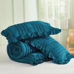WONGS BEDDING Teal Comforter Set King,3 Pieces Ruffle Farmhouse Shabby Chic Comforter for King Bed,Soft Textured Boho Bedding Set with 1 Ruffle Comforter,2 Tufted Pillowcases 104"×90"