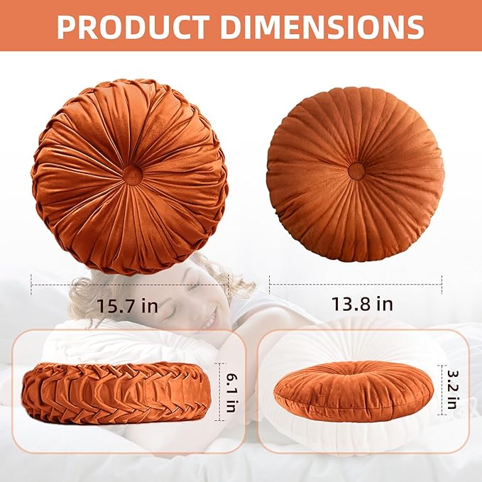 2 Pcs Round Throw Pillows Pleated Velvet Pumpkin Round Pillows Floor Cushion for Living Room Couch Chair Bed Sofa 15.7"x15.7"/13.8" x 13.8" (Beige)