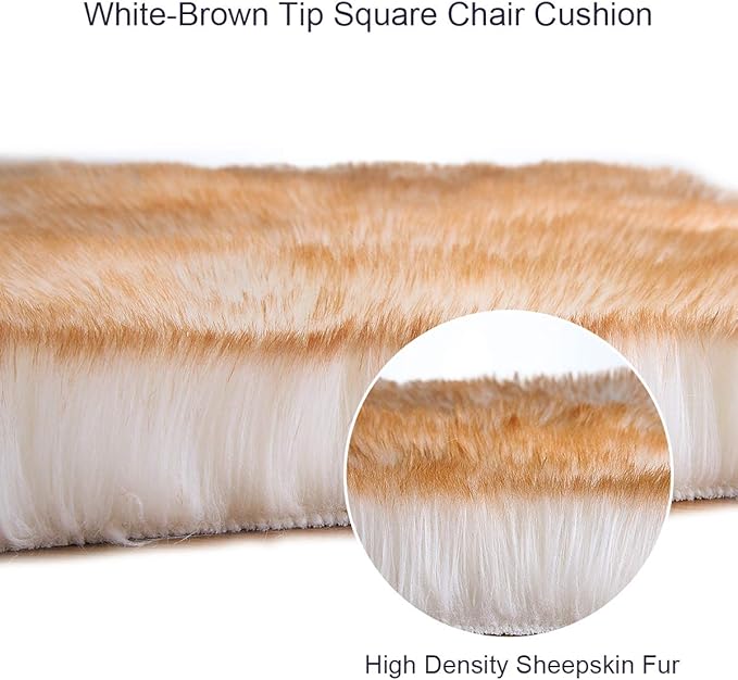 Softlife Square Faux Fur Sheepskin Chair Cover Seat Cushion Pad Super Soft Area Rugs for Living Bedroom Sofa (1.6ft x 1.6ft, White-Brown Tip) 1 pack