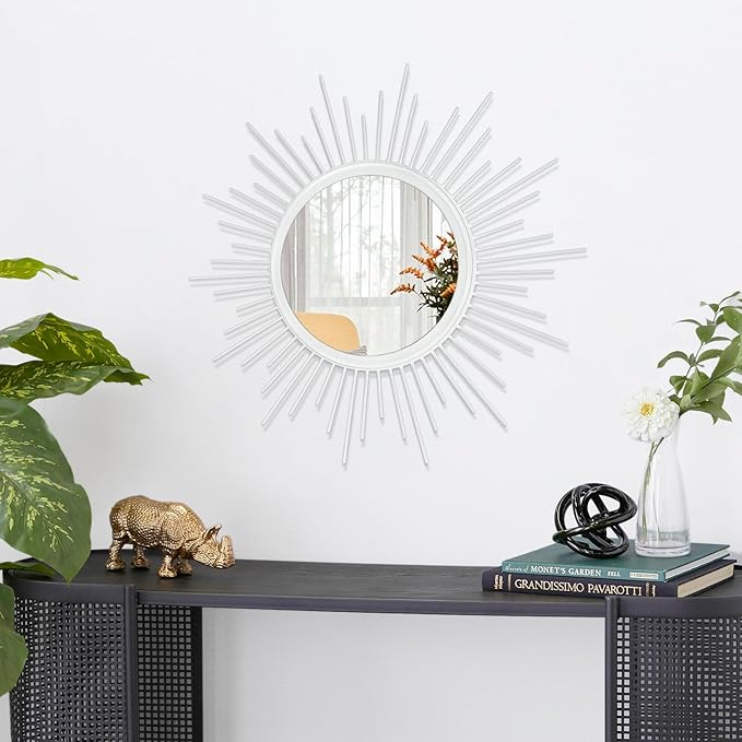 Sunburst Wall Mirror Spoked Home Circle Wall Art Mirror Classic Metal Modern Hanging Mirror, Decor Living Room Bathroom Bedroom Entryway Vanity Office Hallway Housewarming Large 16" White