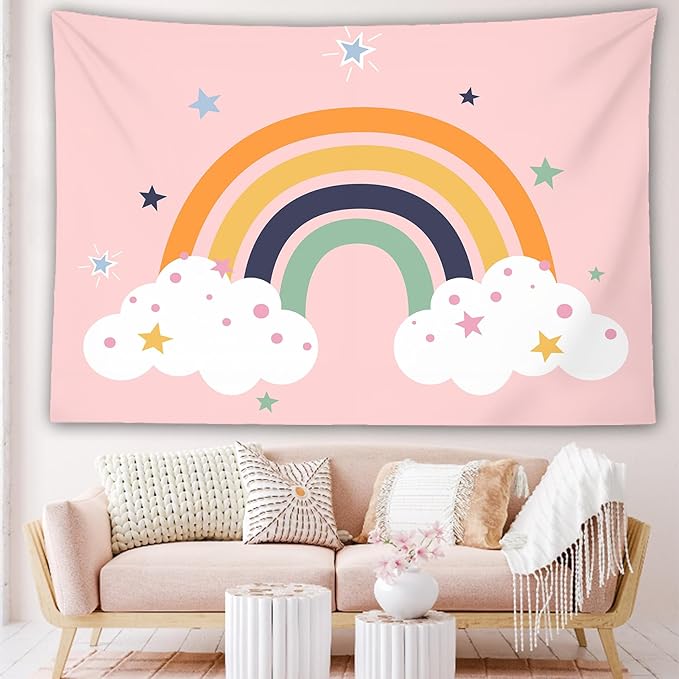 LB Classroom Boho Tapestry Rainbow Room Decor for Girls- Cute Stars White Cloud Pink Tapestries Wall Hanging for Nursery Kids Bedroom Living Room Dorm Party Wall Decor, 60x40 inches