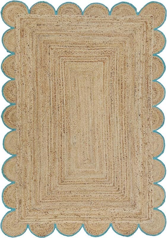 Weaving Cottage Scalloped Natural Jute Area Rug | Beige & Sky Blue, 2X3 FT Handwoven Jute Doormat | Eco-Friendly, Durable, and Stylish | Perfect for Living Room, Bedroom, and Entryway