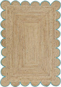 Weaving Cottage Scalloped Natural Jute Area Rug | Beige & Sky Blue, 2X3 FT Handwoven Jute Doormat | Eco-Friendly, Durable, and Stylish | Perfect for Living Room, Bedroom, and Entryway