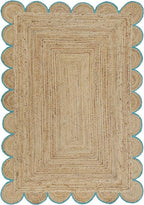 Weaving Cottage Scalloped Natural Jute Area Rug | Beige & Sky Blue, 2X3 FT Handwoven Jute Doormat | Eco-Friendly, Durable, and Stylish | Perfect for Living Room, Bedroom, and Entryway