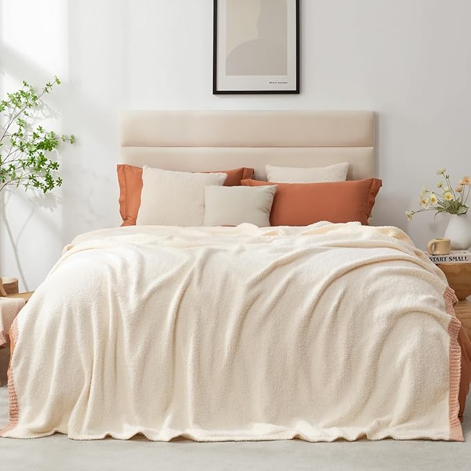 Snuggle Sac Cream Bedding Blankets Queen Size 90x90 inches, Reversible Microfiber Fluffy Fuzzy Soft Throw Cozy Knit Blanket for Women Mothers Birthday Gifts