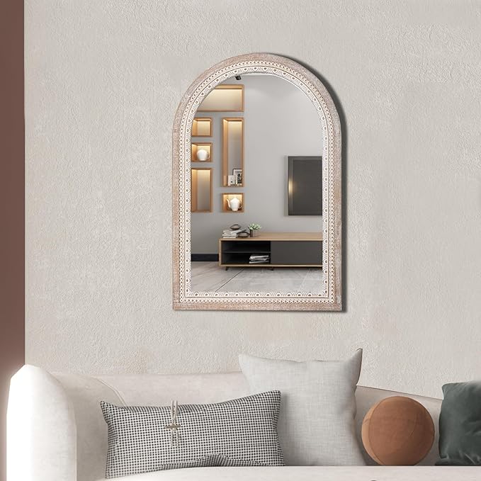 36x24 Inch Farmhouse Wooden Arched Wall Mirror, Distressed Rustic Frame with Beaded Boho Detail, Arch Decorative Mirror for Bathroom, Living Room, Entryway