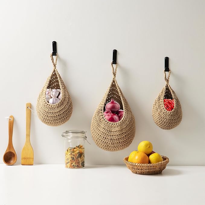 Hanging Fruit Basket Set of 3, Boho Wall Hanging Storage Jute Basket for Organizing & Decor, Handmade Teardrop Hammock Holder for Onion Fruit Vegetable in Home & Restaurant Kitchen with Hooks