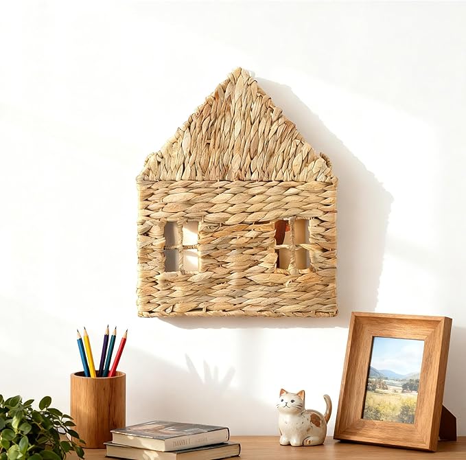 Wicker Magazine Holder Wall Basket Hanging Wall Mount Mail Rack Holder Storage Water Hyacinth House Shaped Woven Hanging Basket for Books & Files with Handle Home Office, 13.8 x 11 Inch