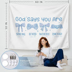 LIANGW Preppy Blue Bow Christian Tapestry, God Says You Are Inspirational Scripture Wall Art, Bible Bow Aesthetic for Girls Bedroom for Dorm Room, Based Blue Room Decor Aesthetic 50x60 inch