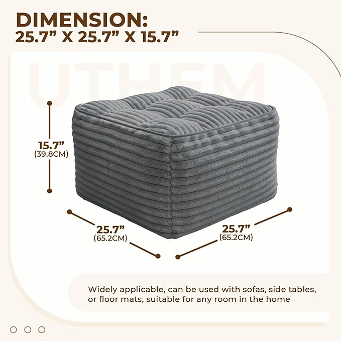Square Pouf Ottoman, Boho Stuffed Poufs Ottoman with Memory Foam Filled 25.7 x 15.7 inches Modern Corduroy Foot Rest Stool for Living Room,Gray