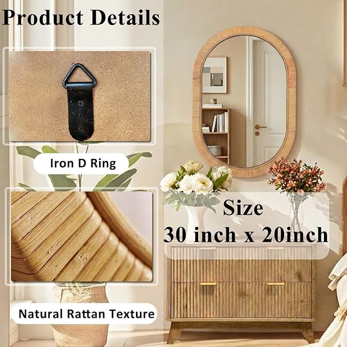 Handmade Rattan Mirror for Bathroom Vanity – Oval Wicker Frame Boho Wall Decor - Natural Nursery Decor Accent (20" x 30")