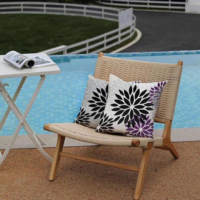 DFXSZ Black Purple Flower Pillow Covers 20x20 Inch Set of 2 Outdoor Throw Pillows Outdoor Waterproof Decor for Living Room Sofa Patio Funiture Garden Floral Polyester Pillow Covers 002Q20