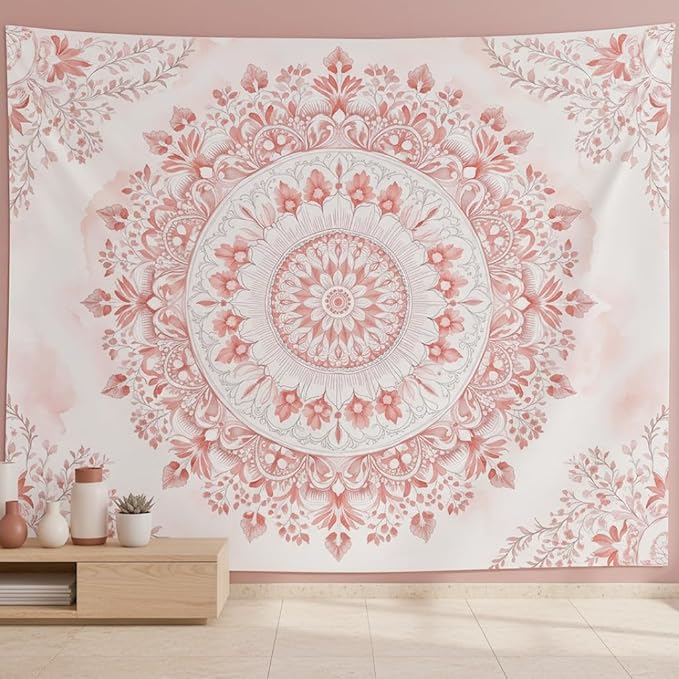 Accnicc Pink Floral Mandala Tapestry Wall Hanging Boho Medallion Tapestry Aesthetic Watercolor Flower Cute Large Tapestries for Bedroom Living Room Dorm Decor 80 x 60 Inch